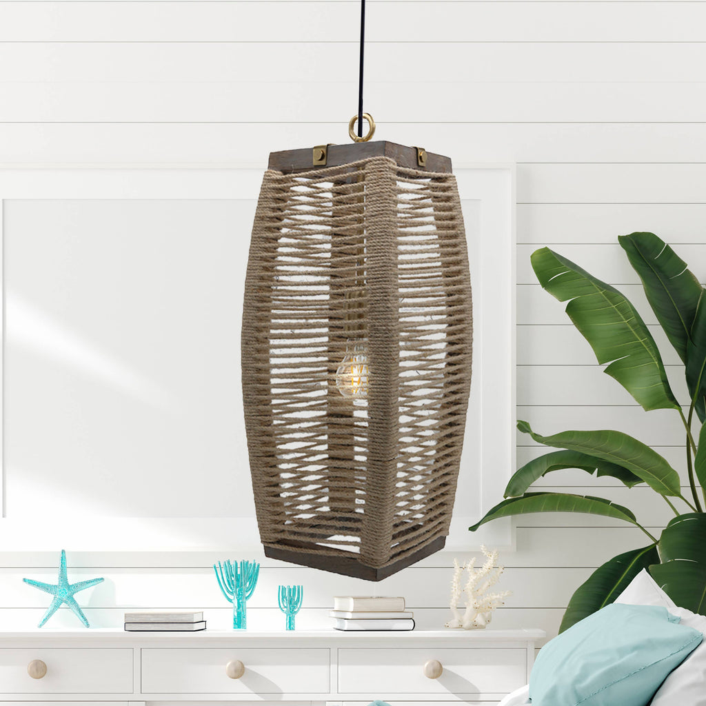 20"H Thalia Beige Cylinder 1-Light Rope Hanging Pendant Lamp
