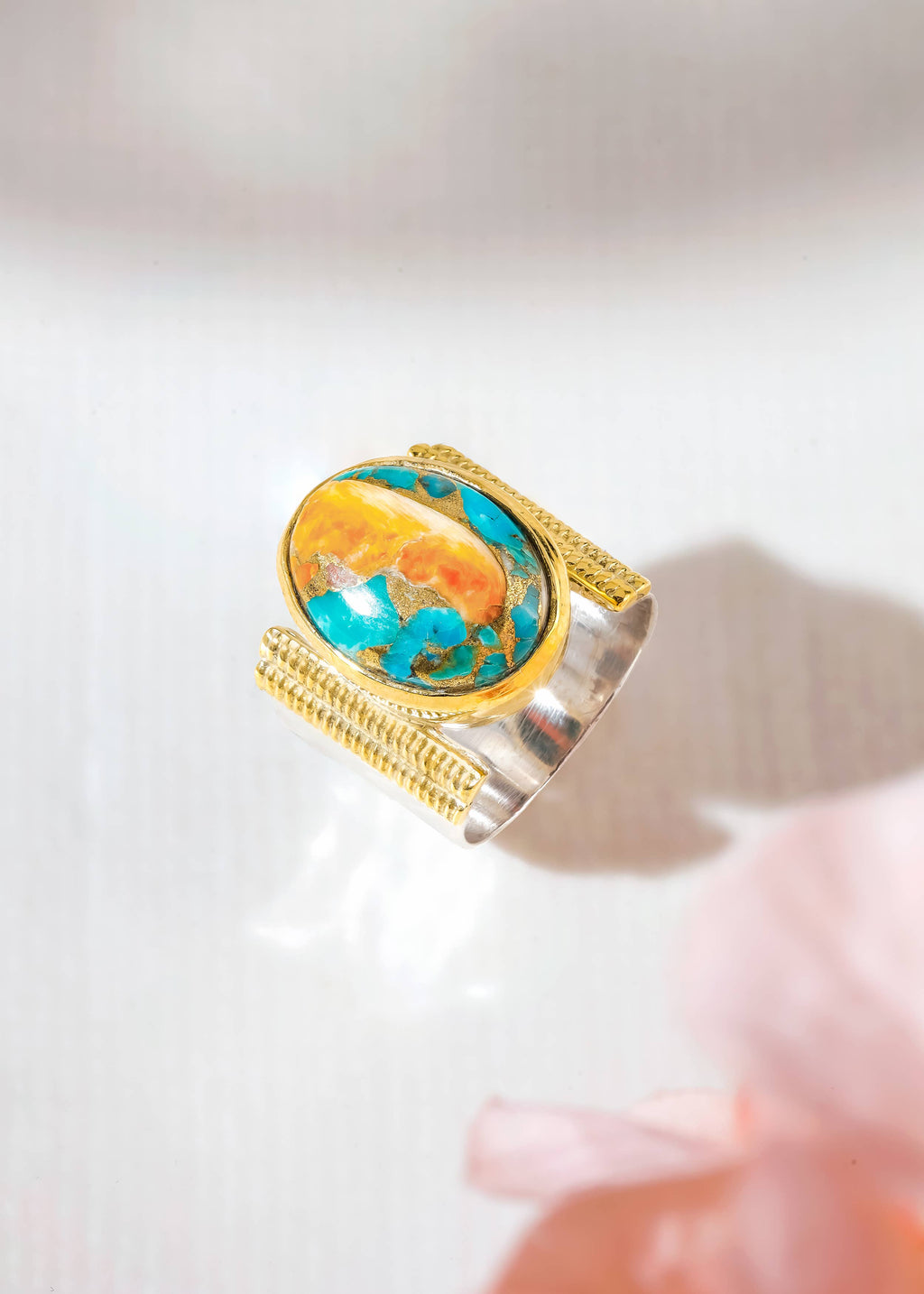 Oyster Turquoise Statement Ring with Textured Silver Band: 7