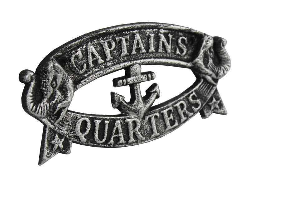 Antique Silver Cast Iron Captains Quarters Sign 8"