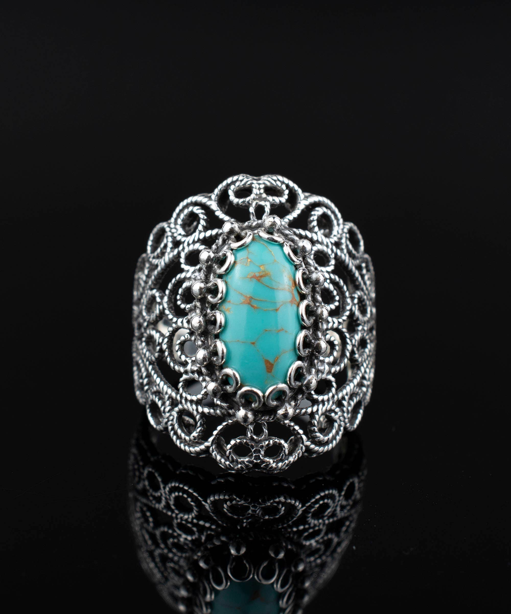 Art Teal Turquoise Gemstone Women Silver Ring: Turquoise / 7