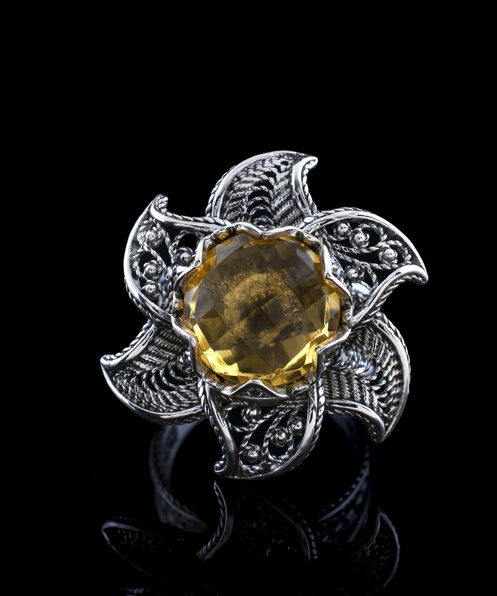 Art Lotus Flower Citrine Gemstone Women Silver Ring: 7