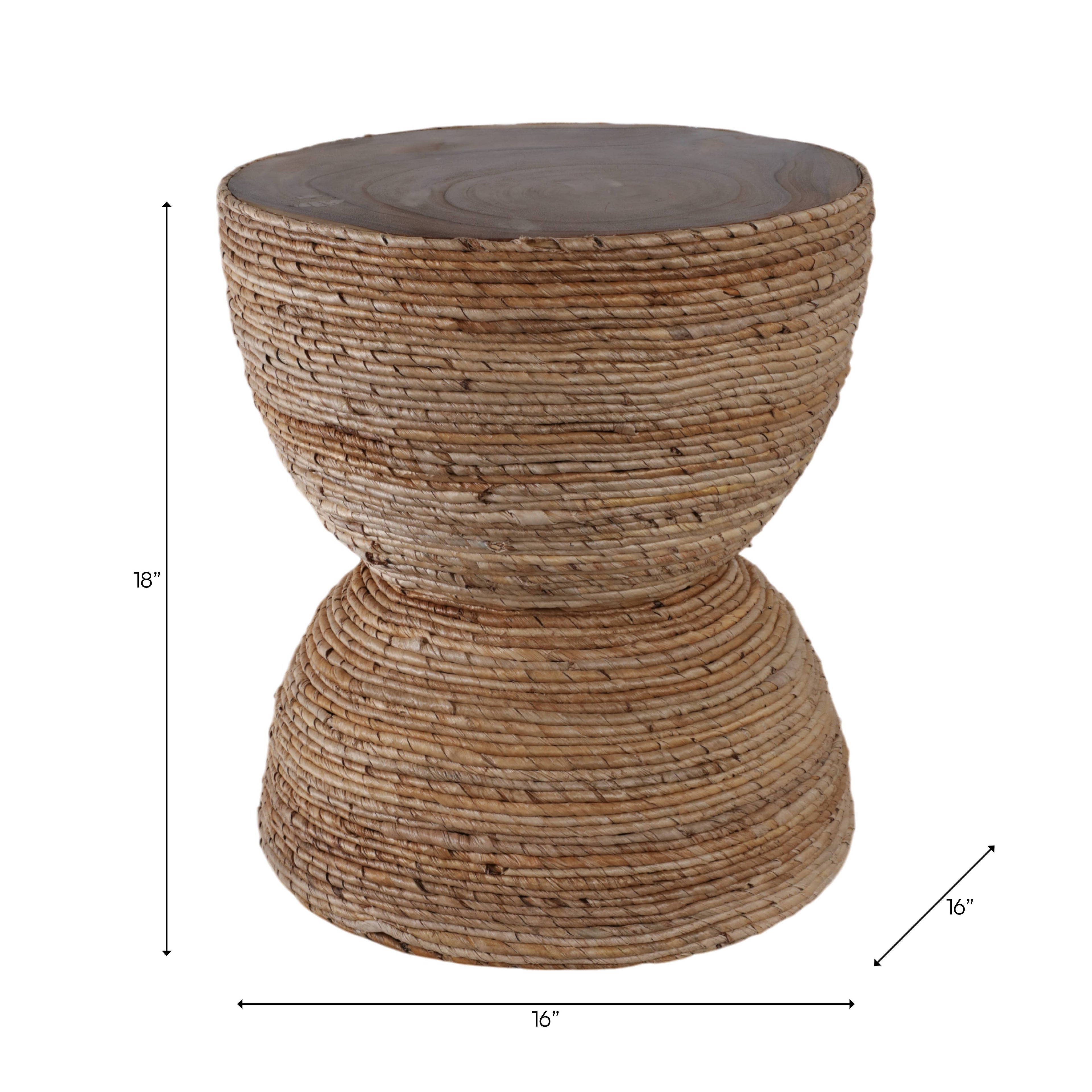 End Table - Brown Wood Woven Banana Leaf Design, 18 in.