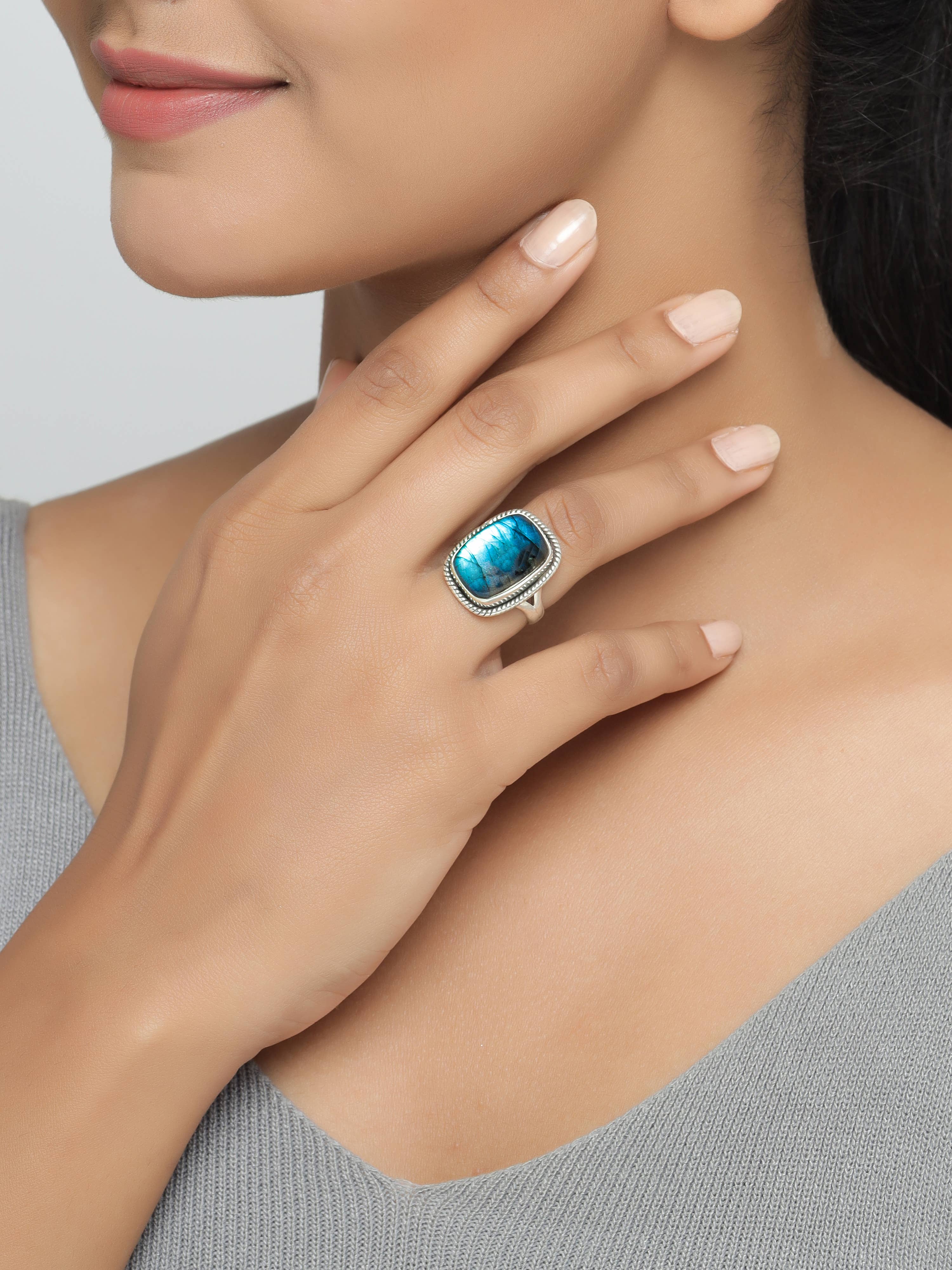 Labradorite 925 Sterling Silver Rope Edge Ring: 9