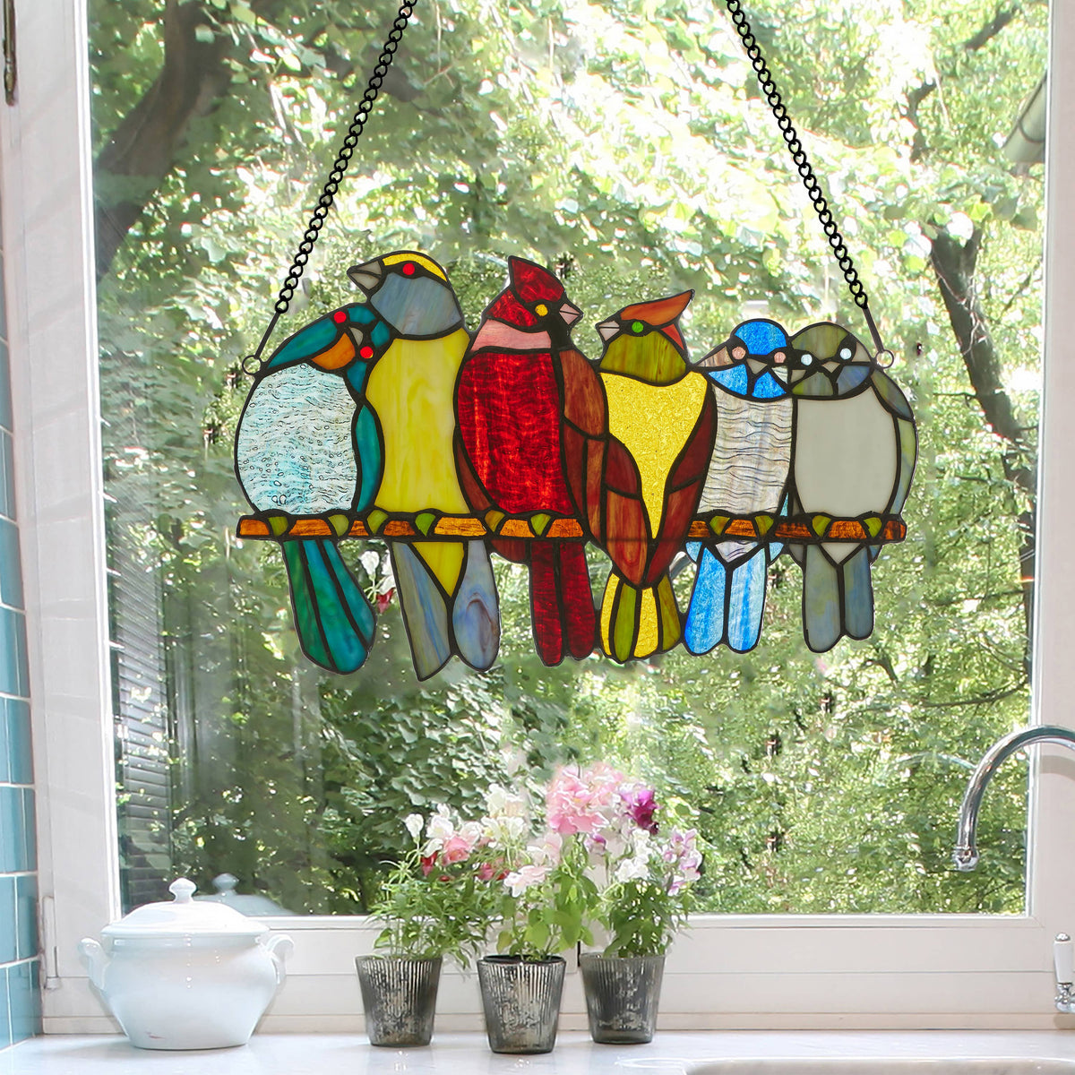 15" Birds in Love Stained Glass Window Panel