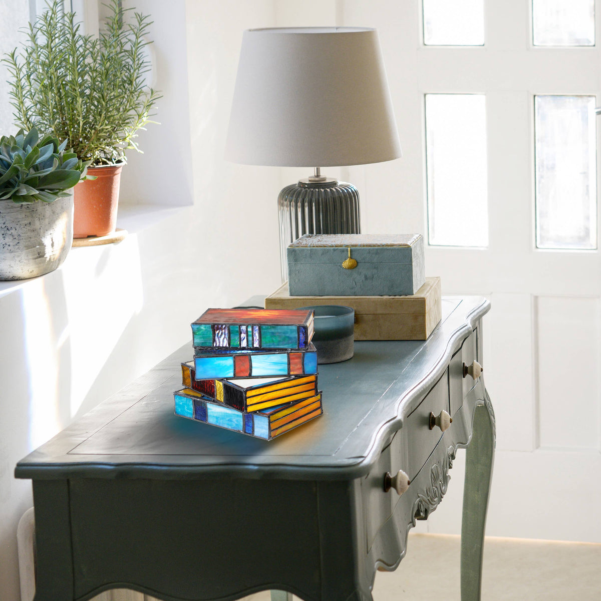 5.75" Stained Glass Stack of Books Whimsical Accent Lamp