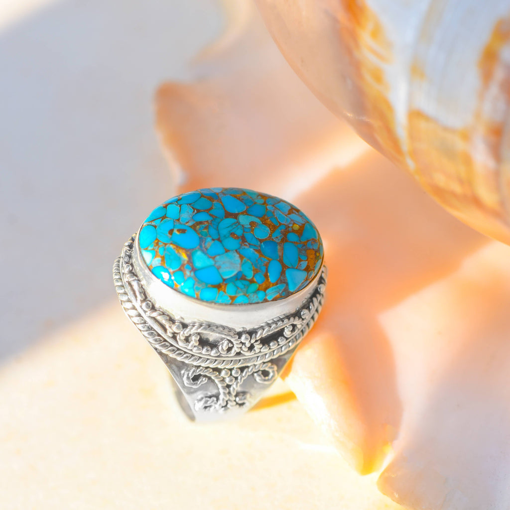 Blue Copper Turquoise 925 Sterling Silver Solitaire Ring: 7