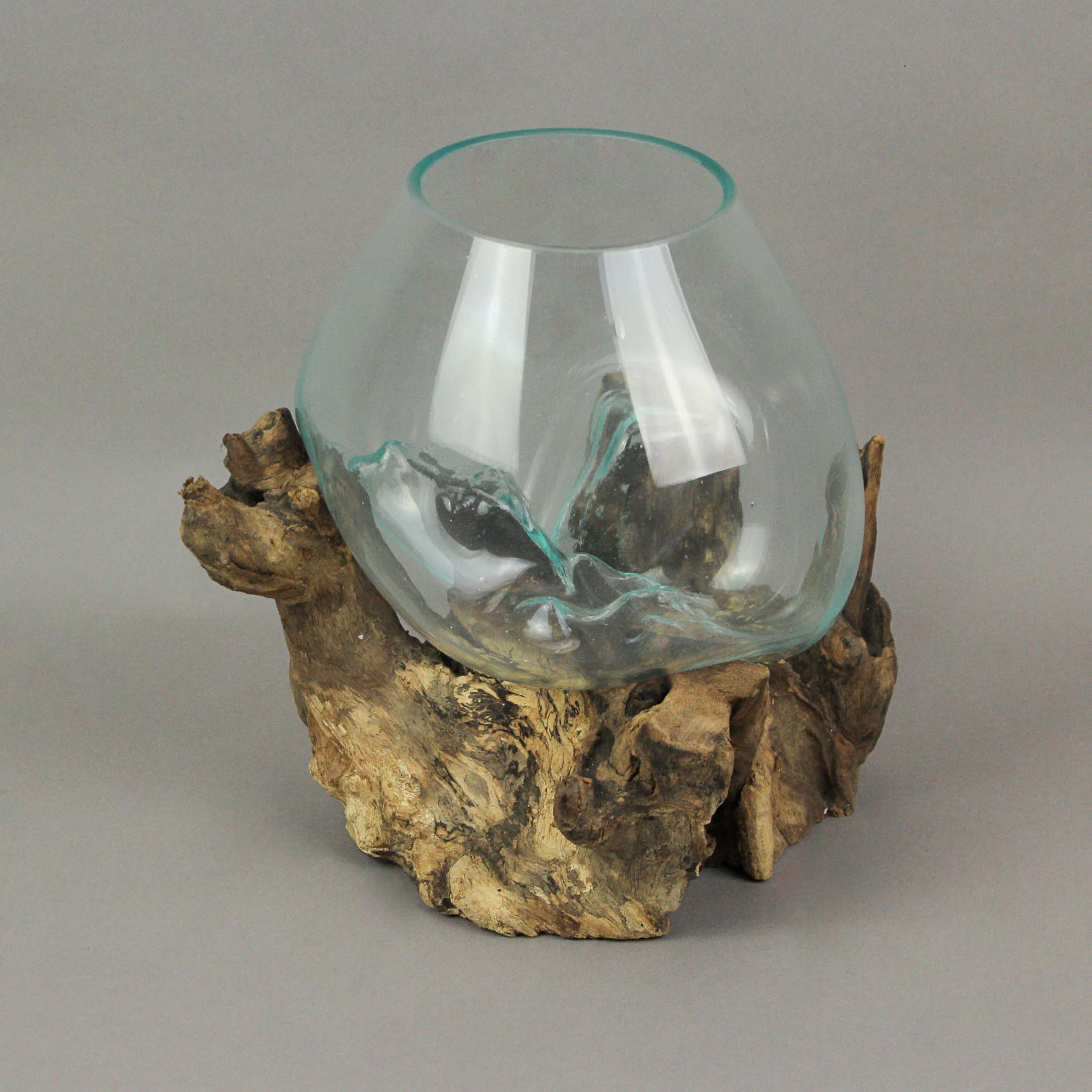 Large Molten Glass Bowl On Natural Driftwood Base