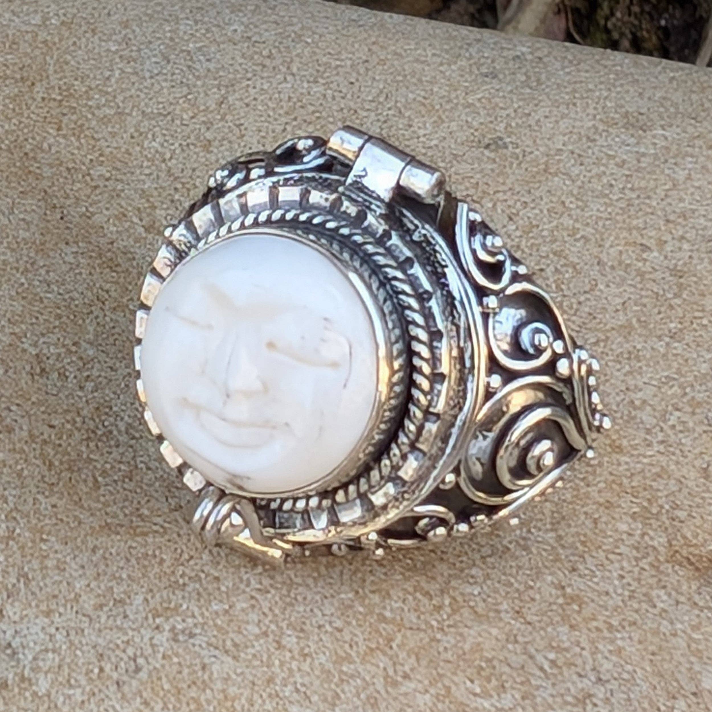 Moon Goddess Carved Bone Poison Ring in Sterling Silver: 7