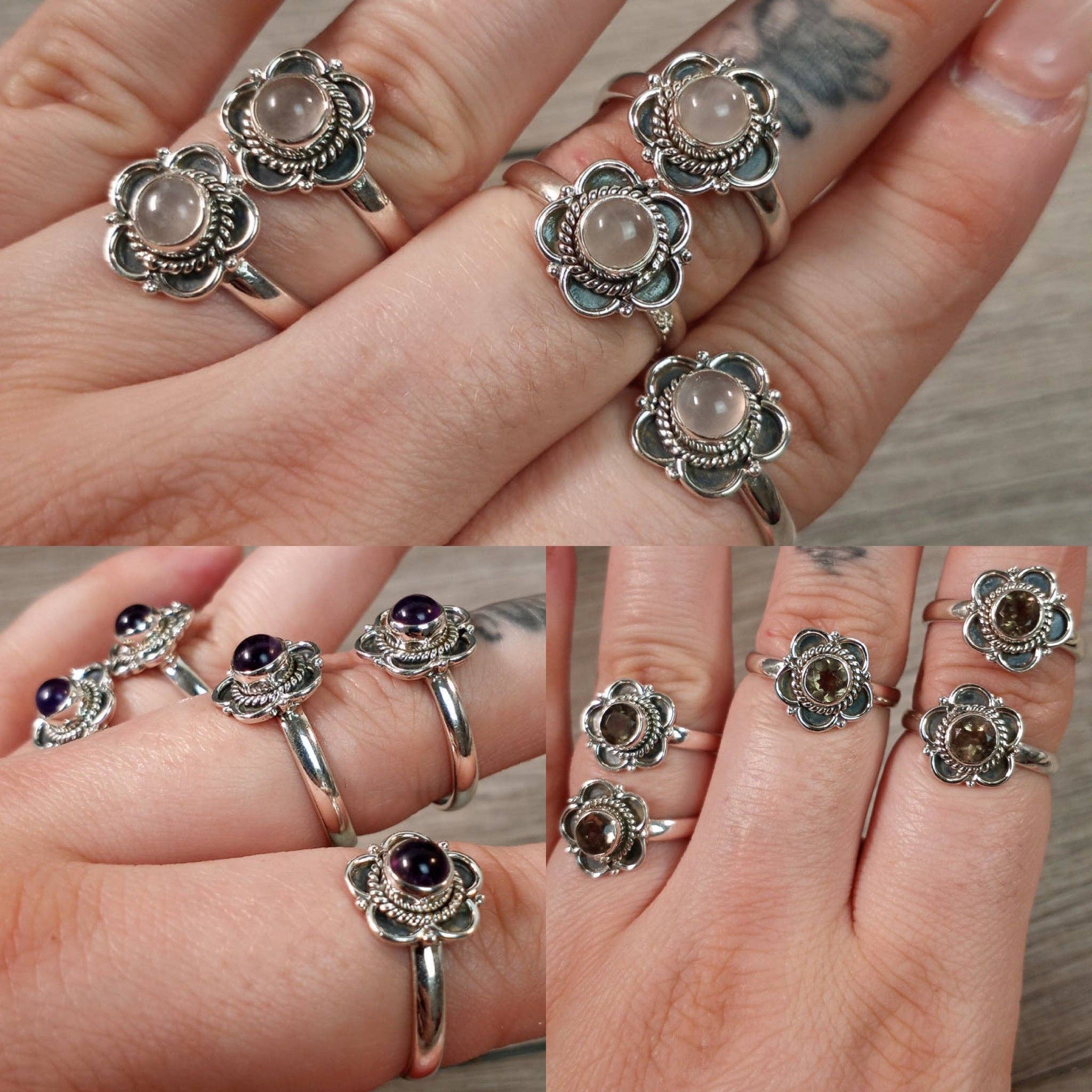 Sterling Silver Boho Flower: Smoky Quartz / 7