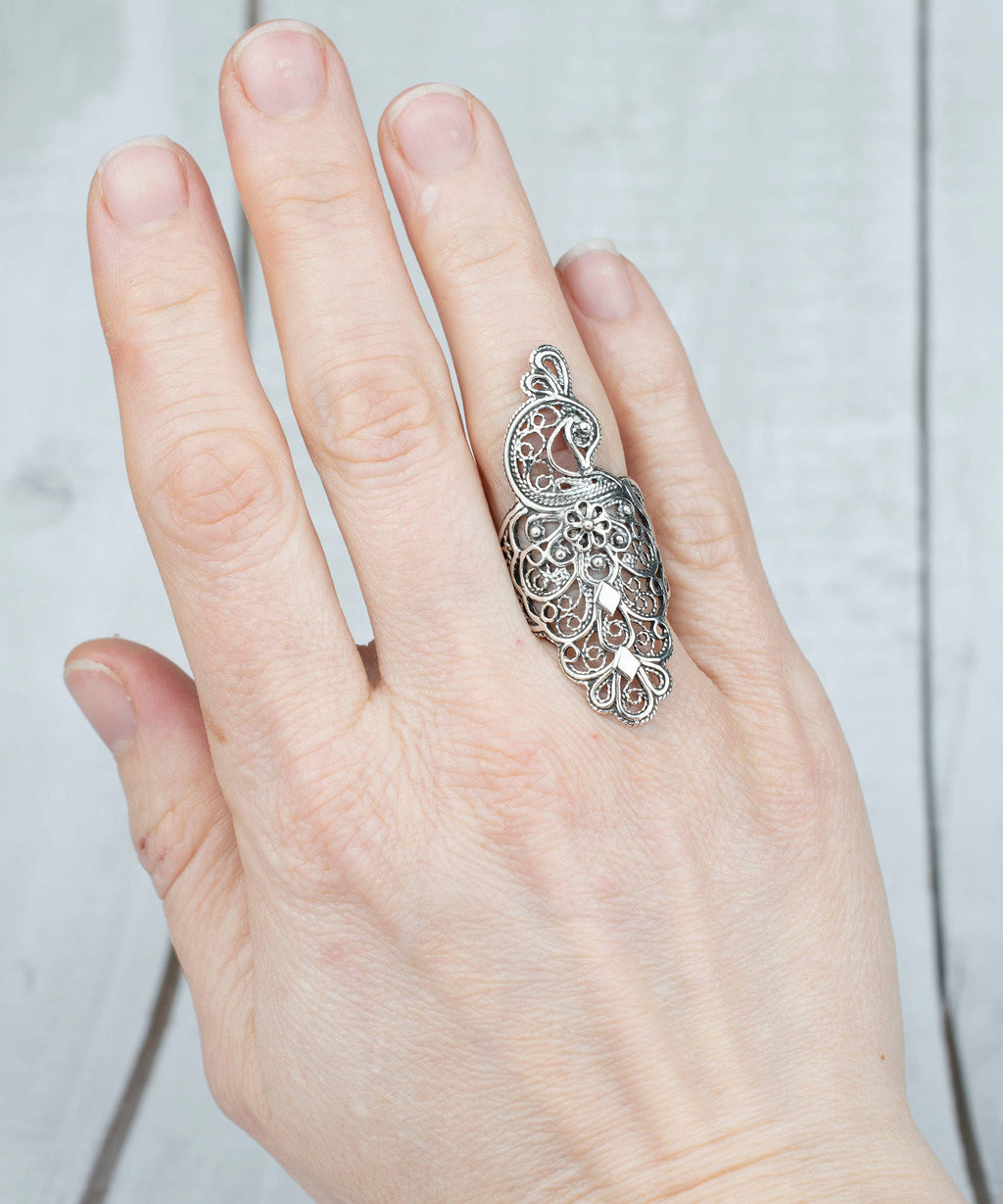 Art Peacock Figured Silver Women Statement Ring: No Gemstone / 7