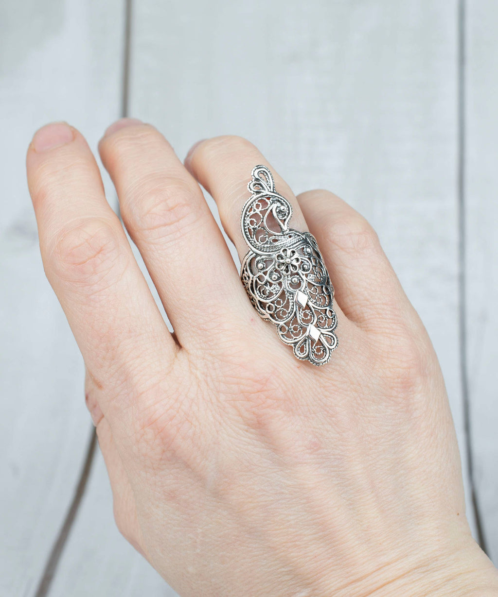 Art Peacock Figured Silver Women Statement Ring: No Gemstone / 7
