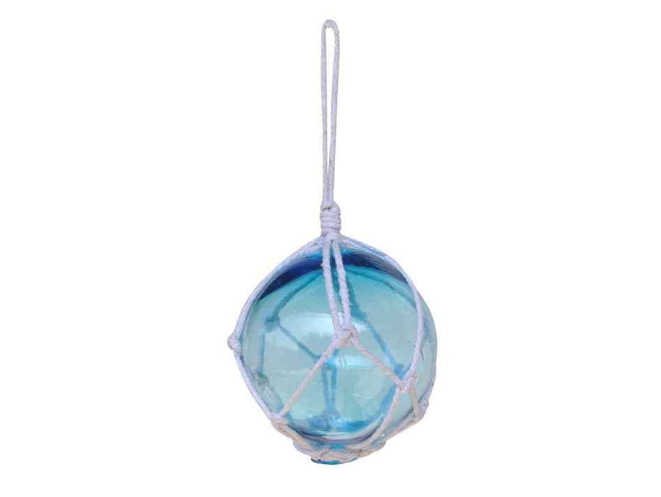 Light Blue Japanese Glass Ball Fishing Float With White Netting Decoration 3"