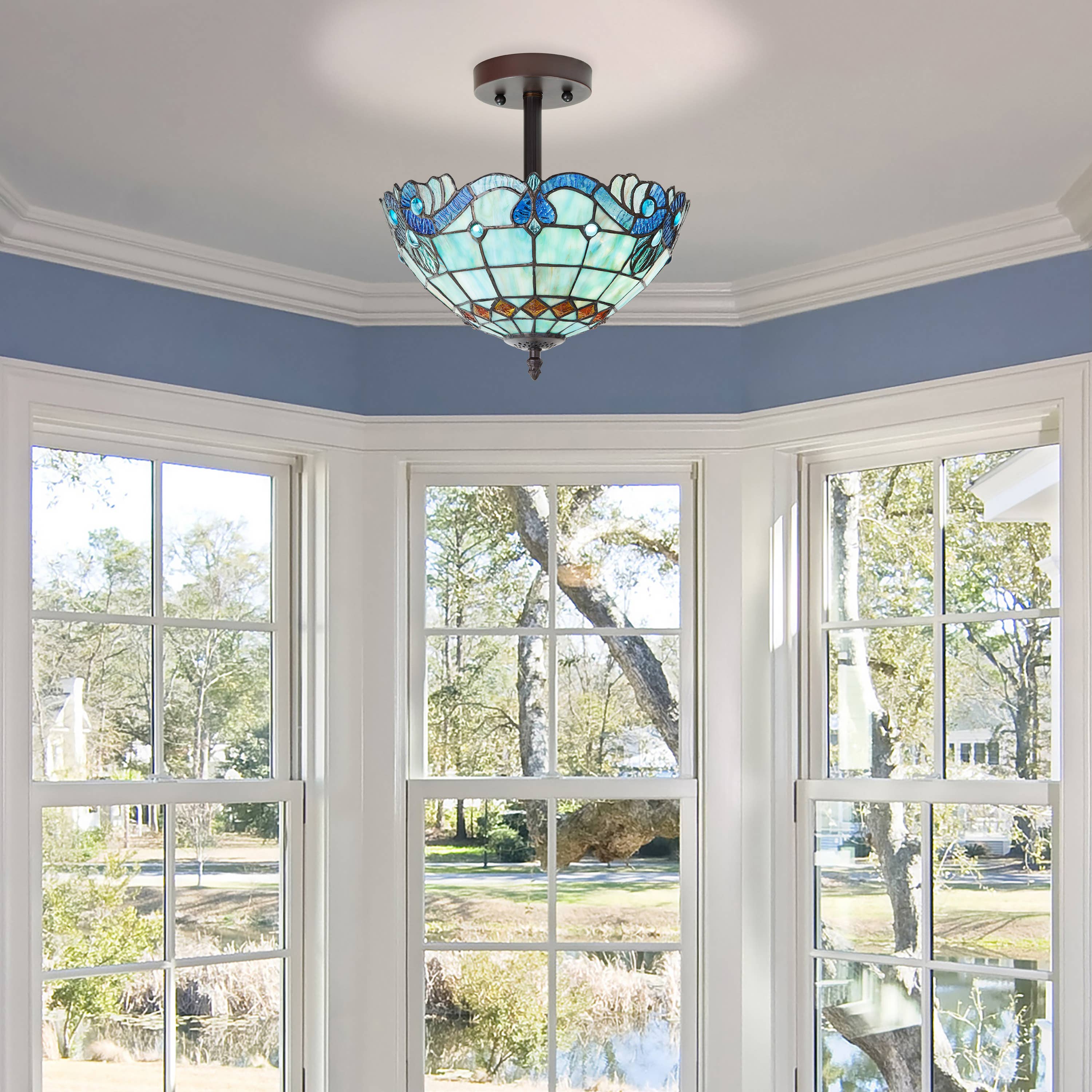 13"H Amelia Blue and Amber Stained Glass Shade Ceiling Light