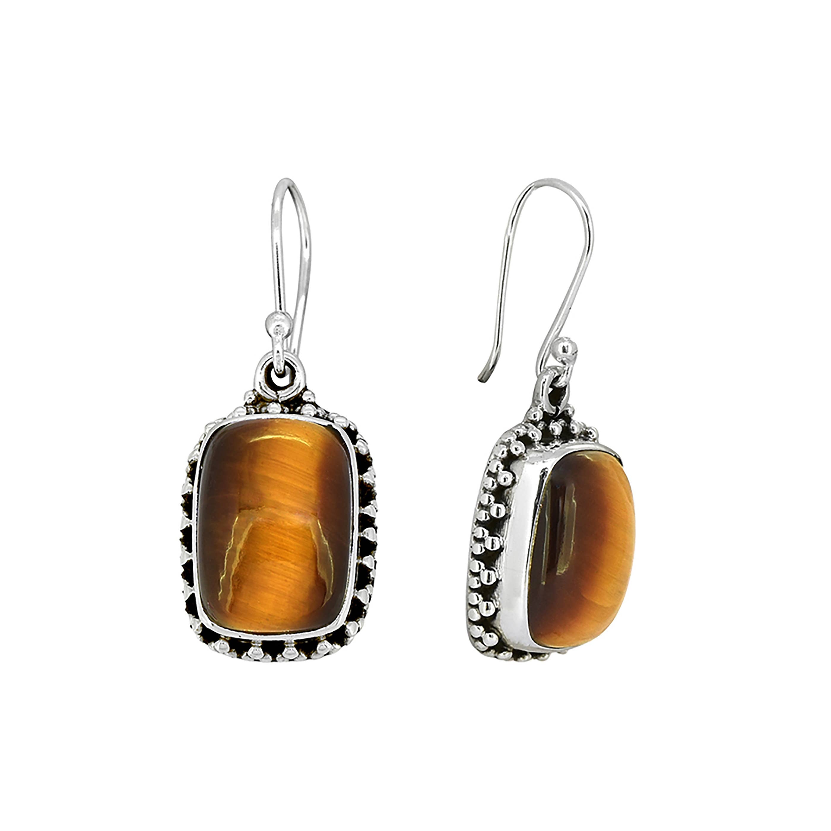 925 Sterling Silver Tiger Eye Gemstone Dangle Earrings