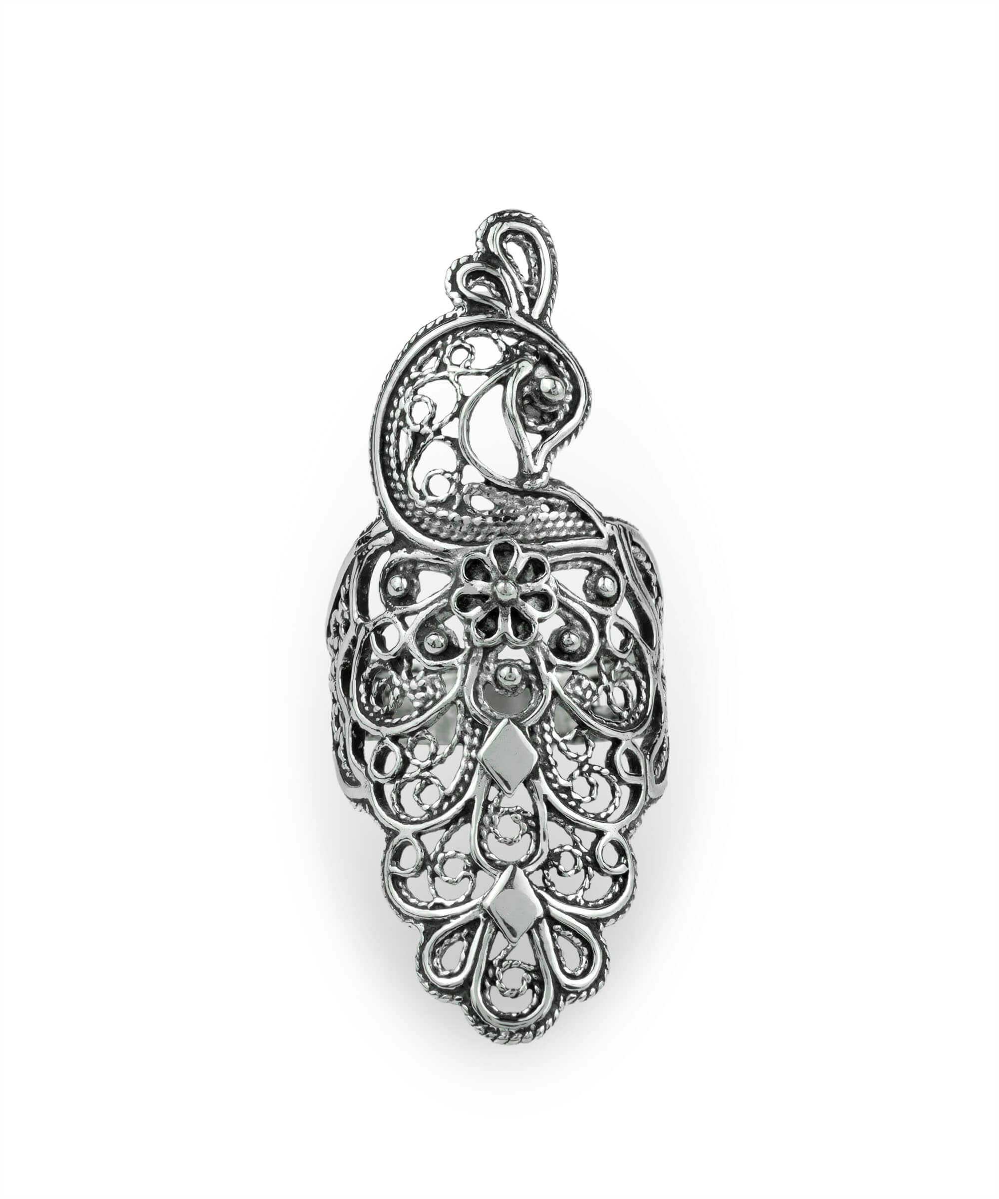 Art Peacock Figured Silver Women Statement Ring: No Gemstone / 7