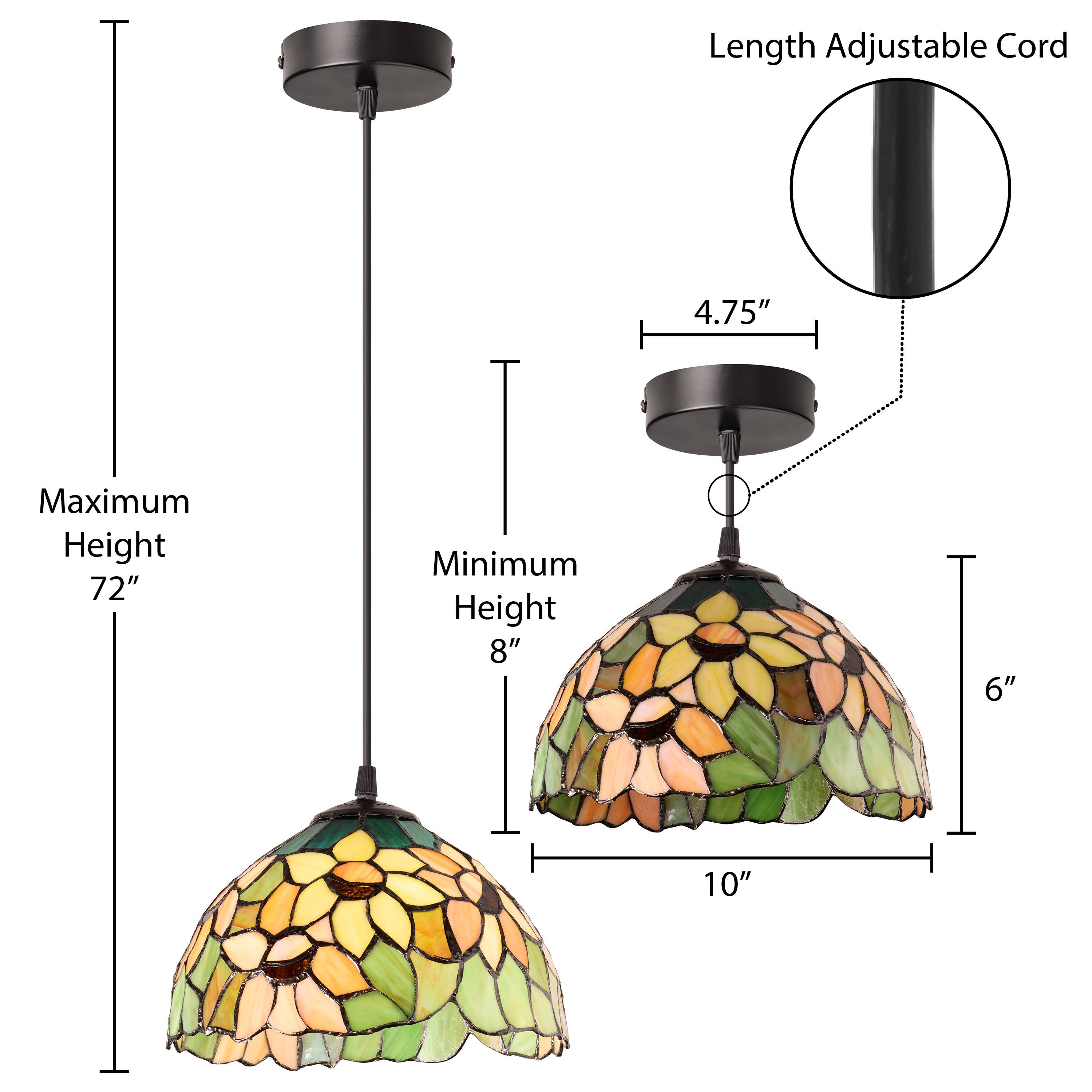 10"W Yellow Sunflowers Stained Glass Dome Shade Pendant