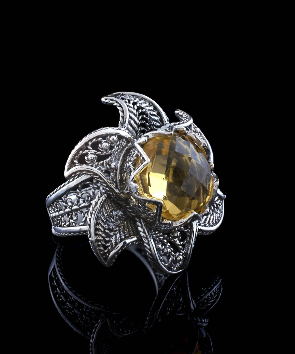 Art Lotus Flower Citrine Gemstone Women Silver Ring: 7