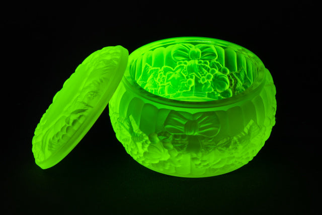Uranium Glass Tableware (Glow under UV) - Jewelry Box / Bowl with Lid - Fruit, Czech Republic