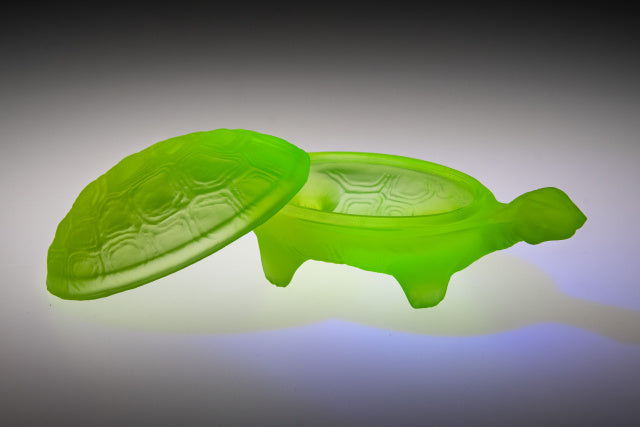 Uranium Glass Tableware (Glow under UV) - Jewelry Box / Bowl with Lid - Turtle, Czech Republic