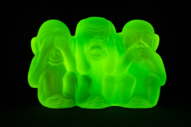 Uranium Glass Tableware (Glow under UV) - Statuette - Three Wise Monkeys, Czech Republic