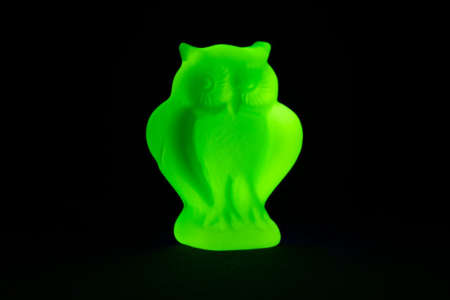 Uranium Glass Tableware (Glow under UV) - Statuette - Owl, Czech Republic
