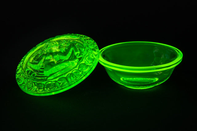 Uranium Glass Tableware (Glow under UV) - Jewelry Box / Bowl with Lid - Lady, Czech Republic