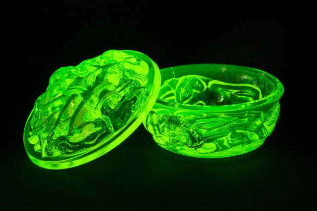 Uranium Glass Tableware (Glow under UV) - Jewelry Box / Bowl with Lid - Two Ladies, Czech Republic