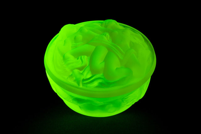 Uranium Glass Tableware (Glow under UV) - Jewelry Box / Bowl with Lid - Two Ladies, Czech Republic