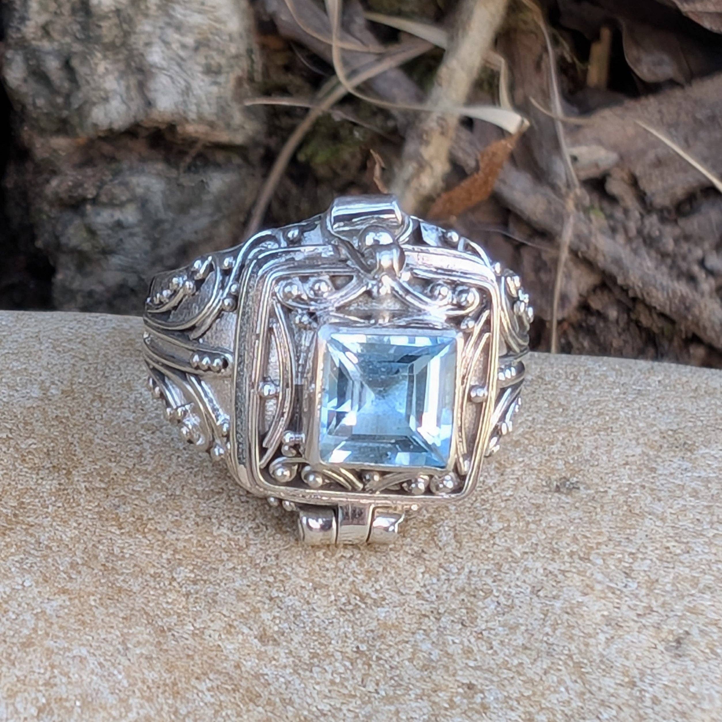 Midnight Elixir - Square Poison Locket Box Sterling Silver Ring: Blue Topaz / 7