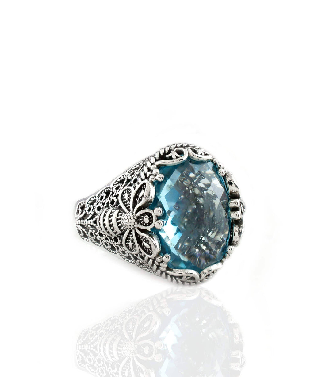 Filigree Art Bee Detailed Sky Blue Topaz Gemstone Women Sterling Silver Ring: 7