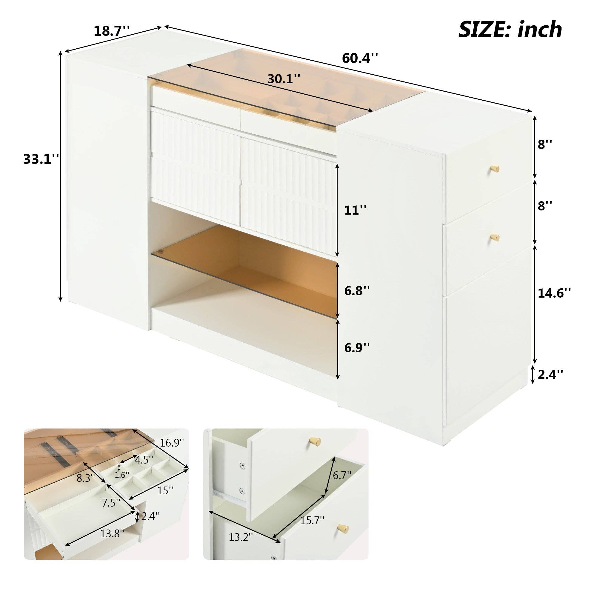 Modern Luxury Island Vanity Dresser with Glass Top&6 Drawer: Default