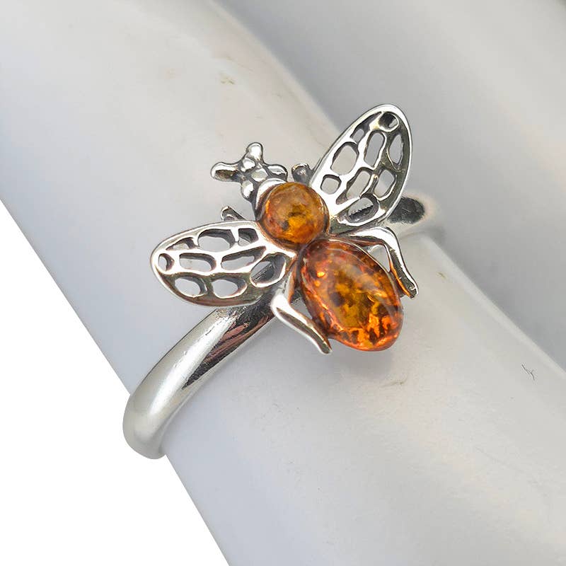 Amber Sterling Silver Bee Ring: 10