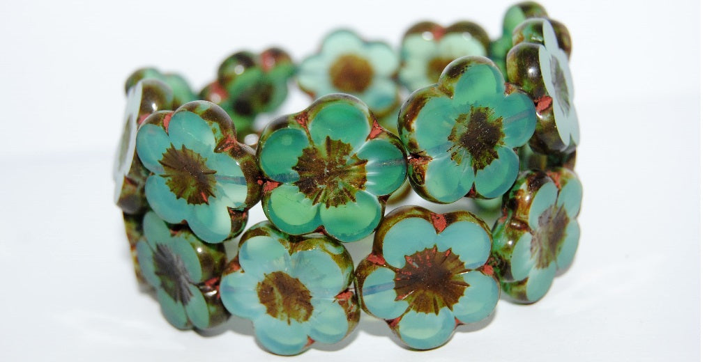 Table Cut Flower Beads Hibiscus, 21 Opal Aqua Travertin (21 61100 86800), Glass, Czech Republic