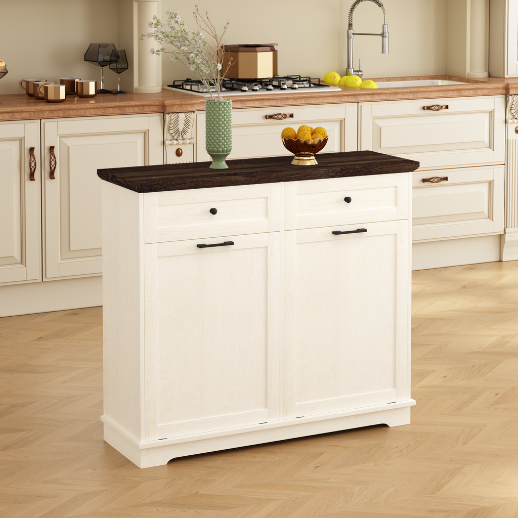 20 Gallon Double Tilt Out Trash Can Cabinet Freestanding Trash Bin Cabinet Wood Garbage Recycling Cabinet with Hideaway Drawer Pet Proof Trash Can Holder for Kitchen Living Room, Antique White: Default