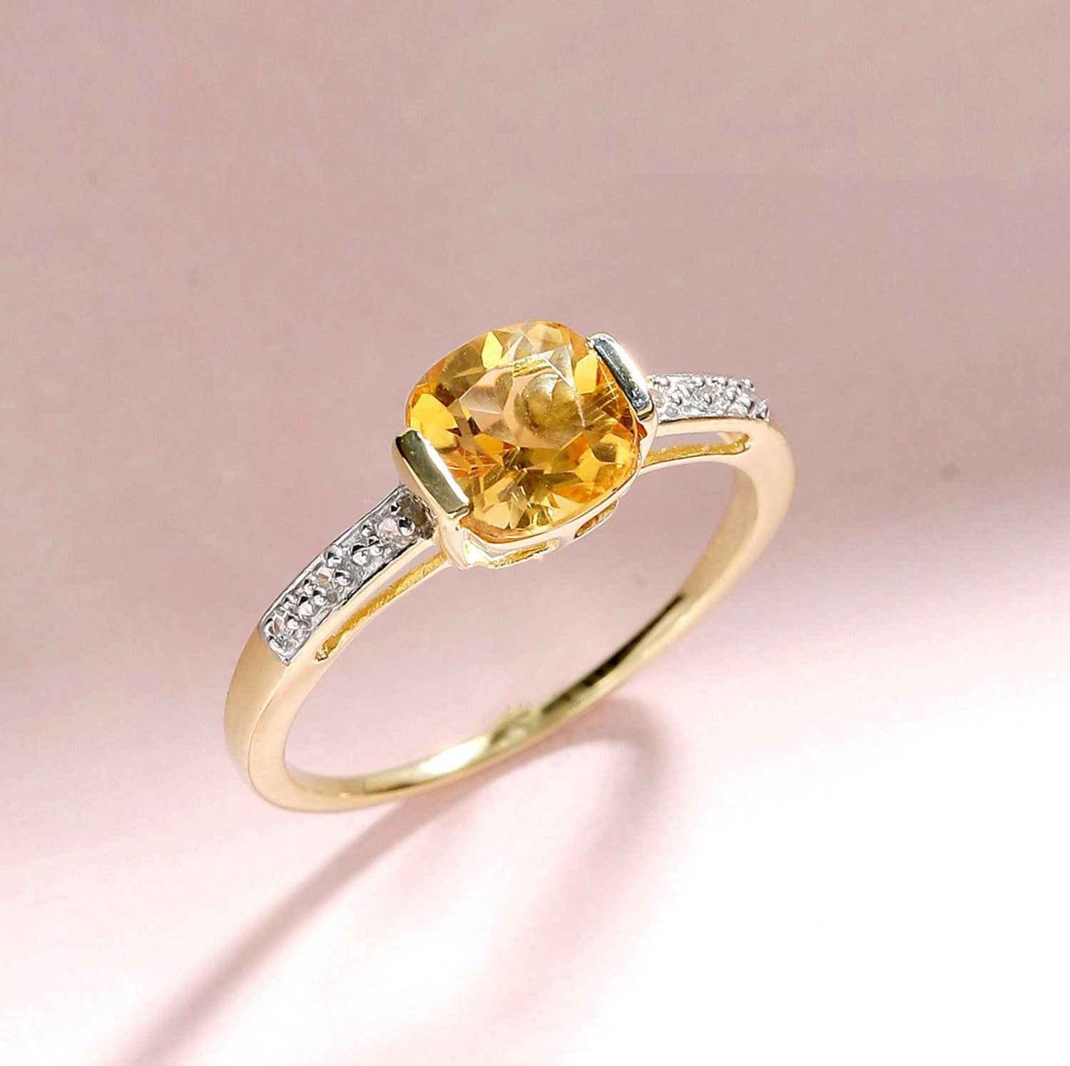 10K Yellow Gold Cushion-Cut Citrine Round White Topaz Ring: 8