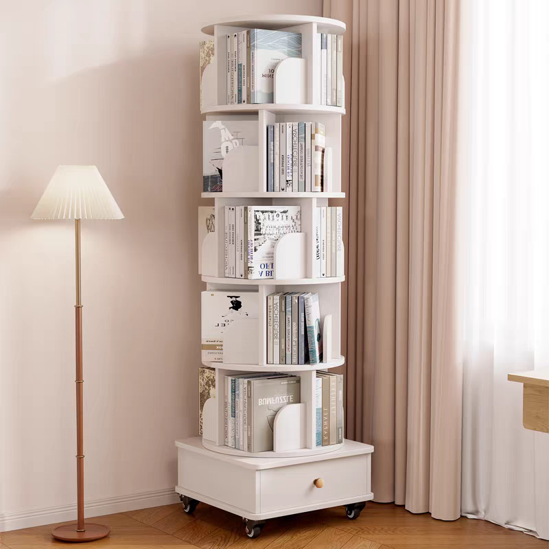 Rotating Wooden Bookcase with Storage Drawer,Swivel Design: White / 5-Tier