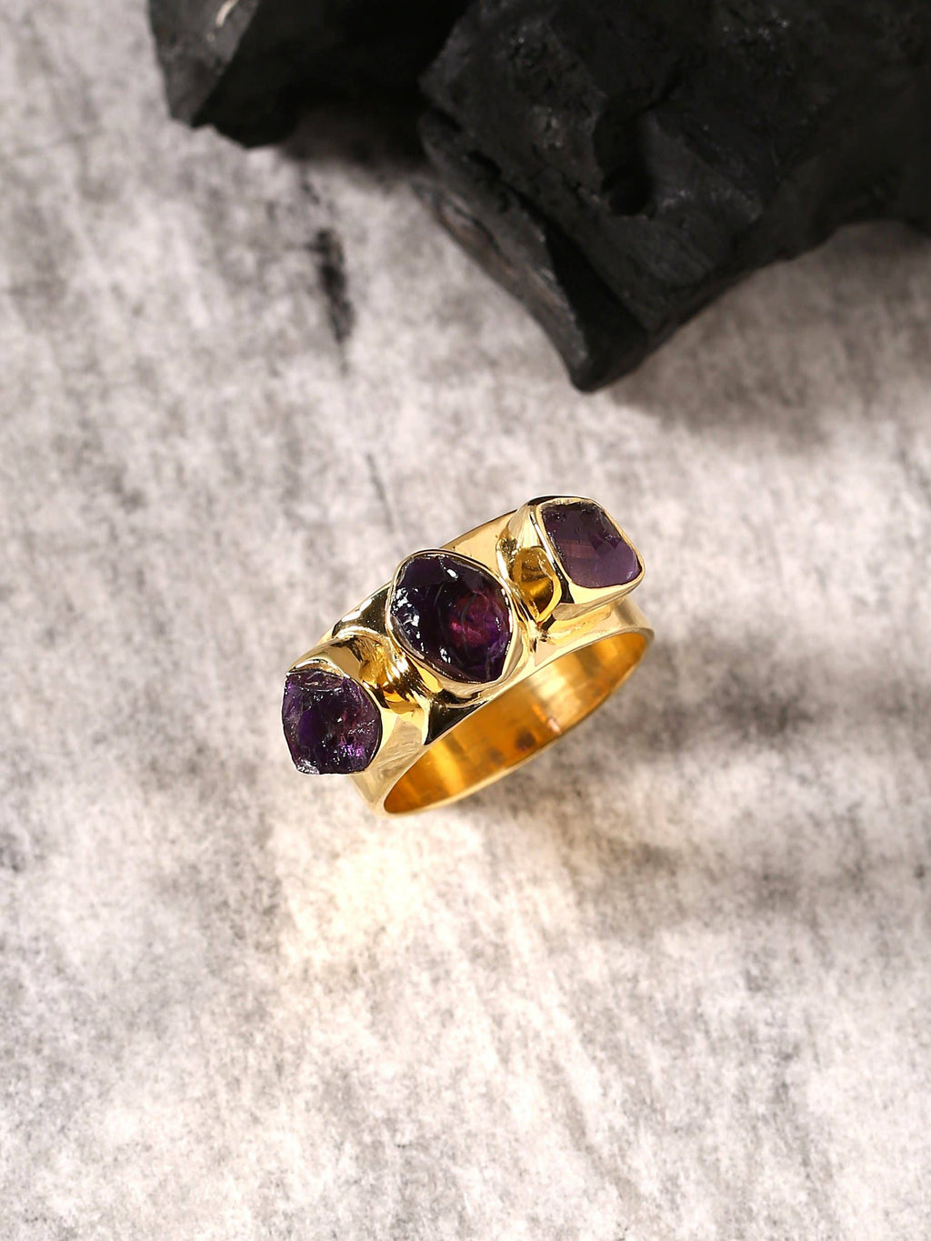 Raw Amethyst 925 Sterling Silver Wide Band Three Stone Ring: 9