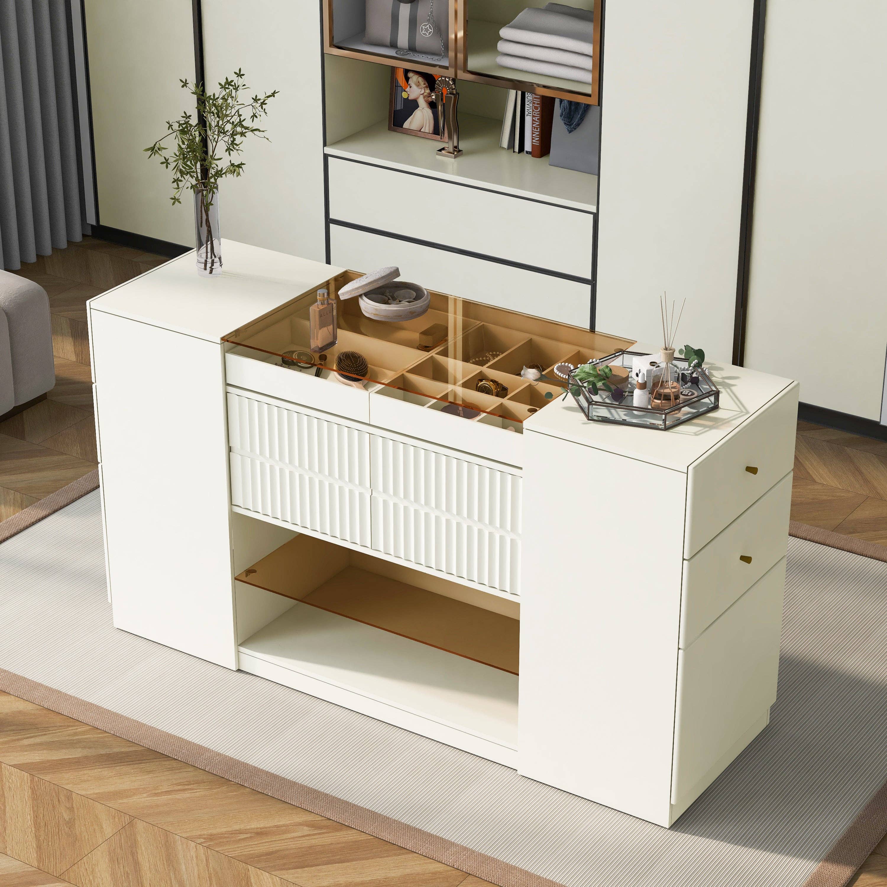 Modern Luxury Island Vanity Dresser with Glass Top&6 Drawer: Default