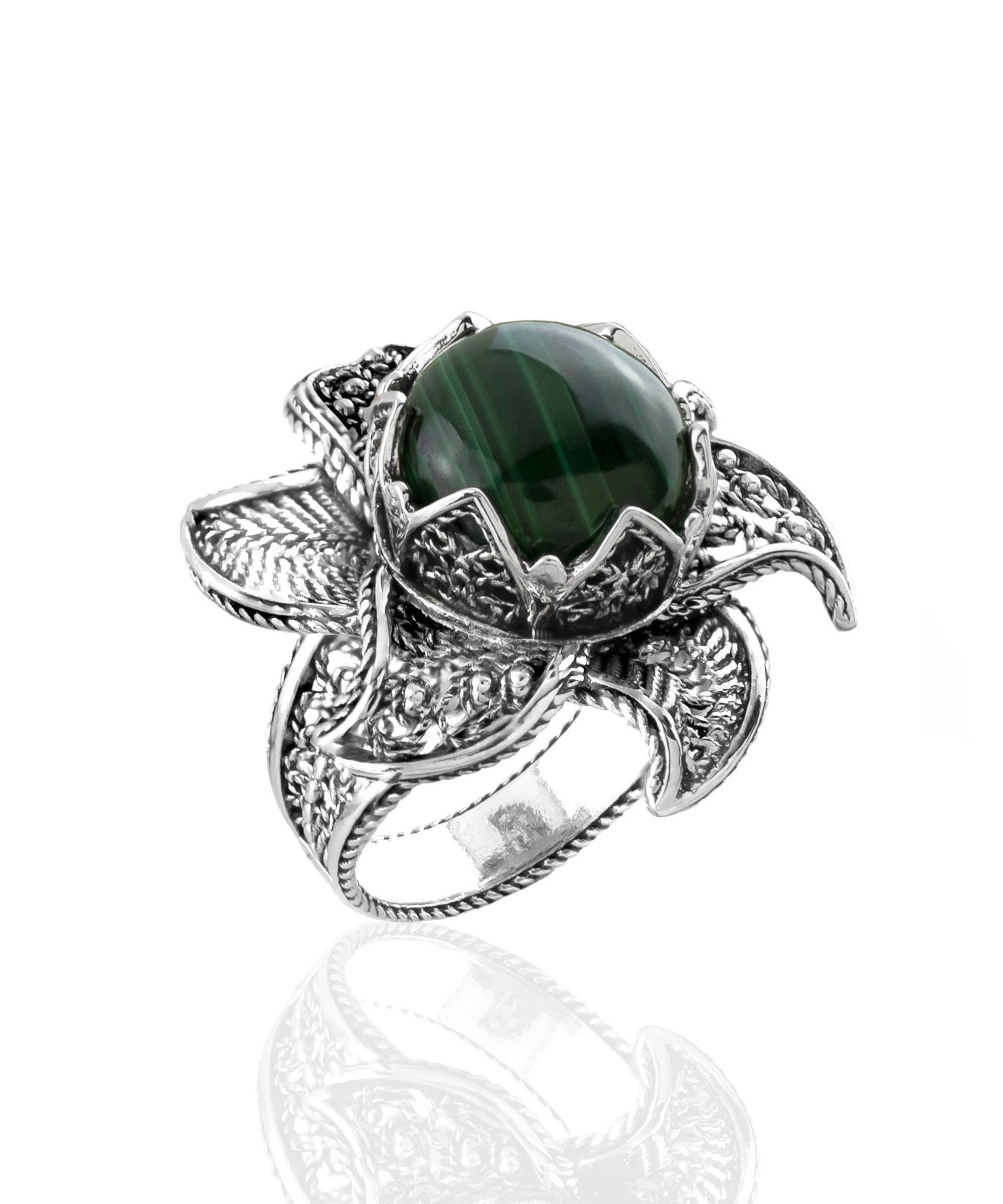 Art Lotus Flower Malachite Gemstone Women Silver Ring: 7
