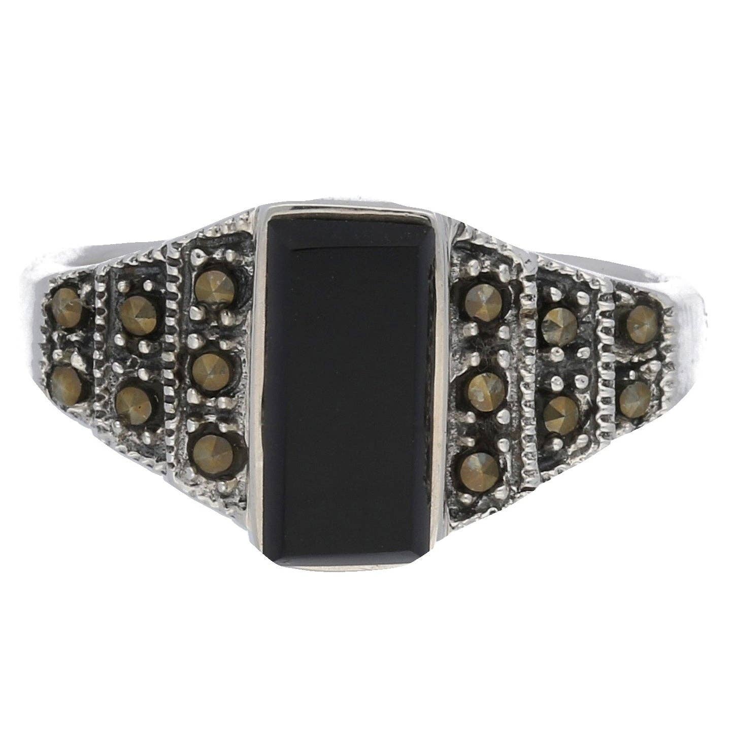 Marcasite and Black Onyx Sterling Silver Bar Ring: 7