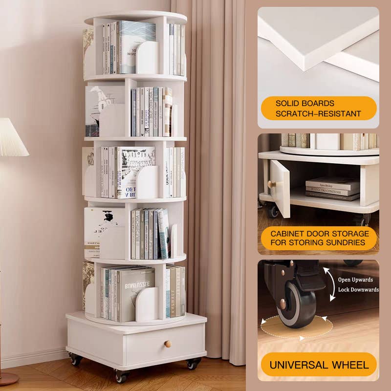Rotating Wooden Bookcase with Storage Drawer,Swivel Design: White / 5-Tier