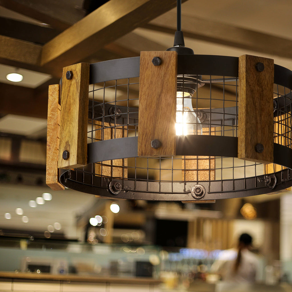12"W Black Painted Metal Pendant Light with Wood Shade