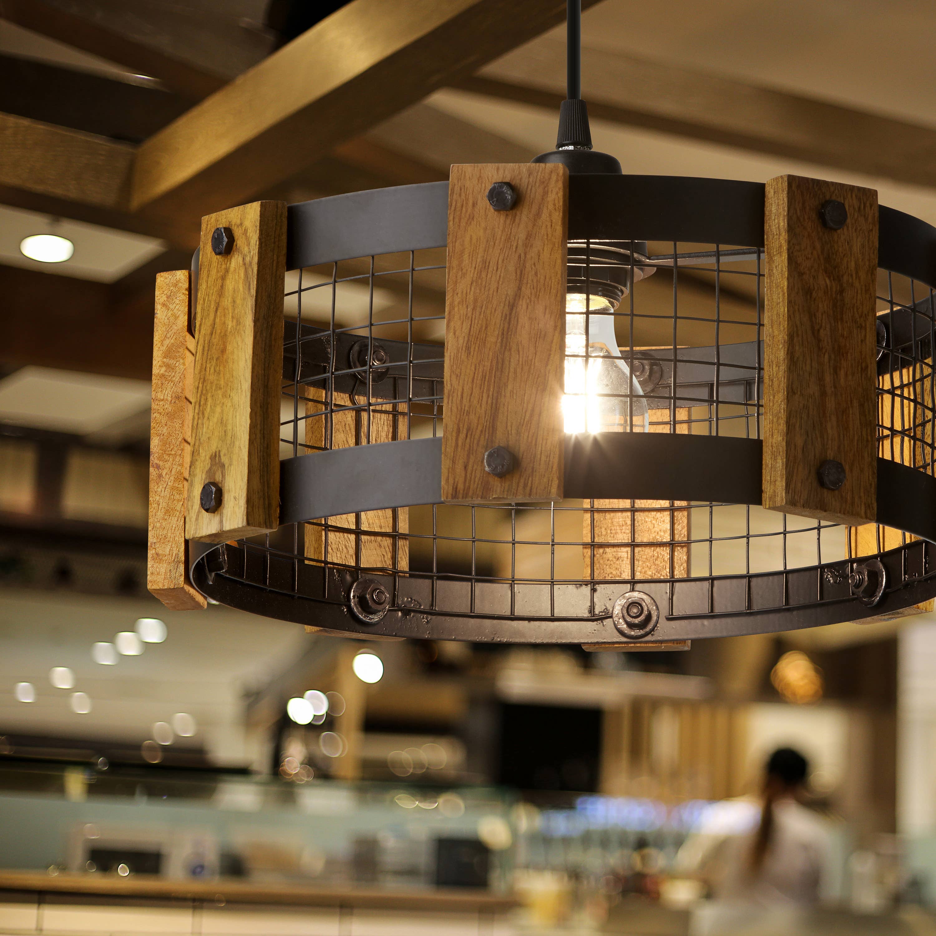 12"W Black Painted Metal Pendant Light with Wood Shade