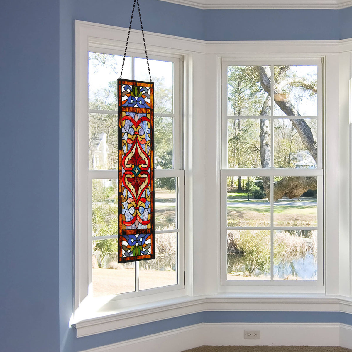 36" Lani Victorian Fleur-De-Lis Stained Glass Window Panel: Blue