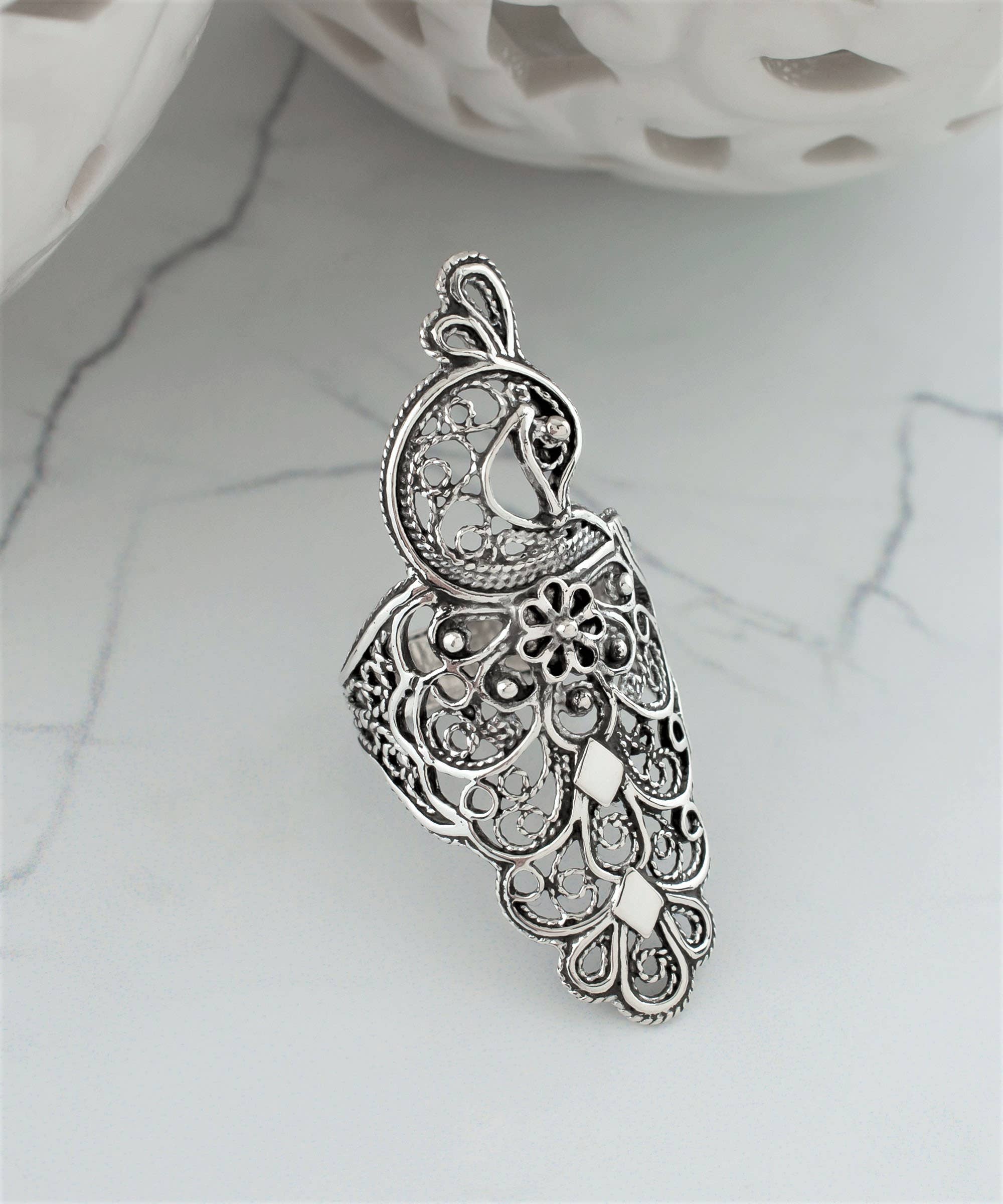 Art Peacock Figured Silver Women Statement Ring: No Gemstone / 7