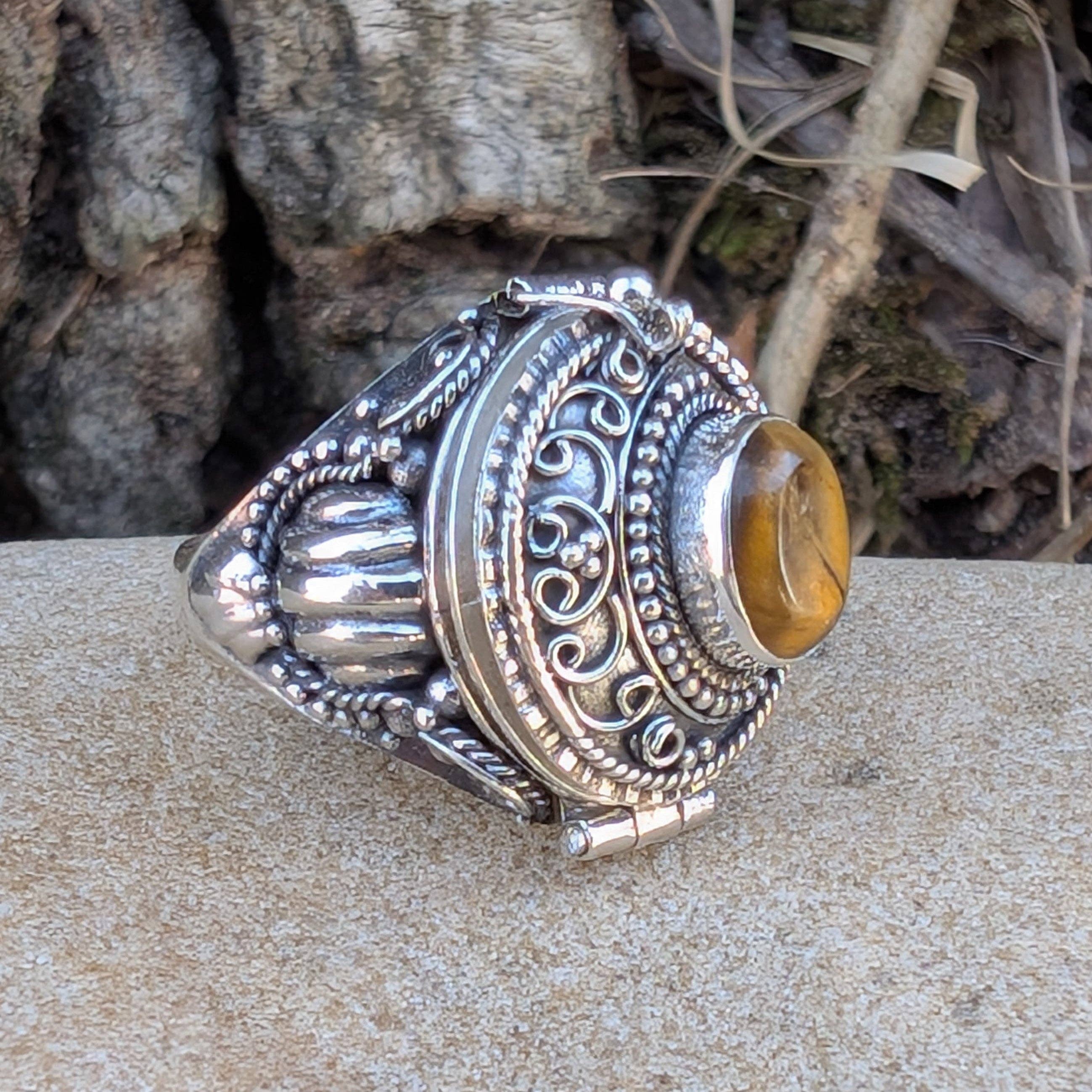 Medieval Eye - Gemstone Poison Box Locket Ring in Sterling Silver: Tiger Eye / 7
