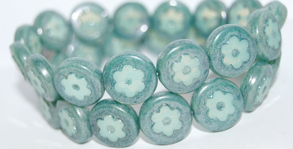 Table Cut Round Beads With Flower, Beige Luster Blue Full Coated (84000 14464), Glass, Czech Republic