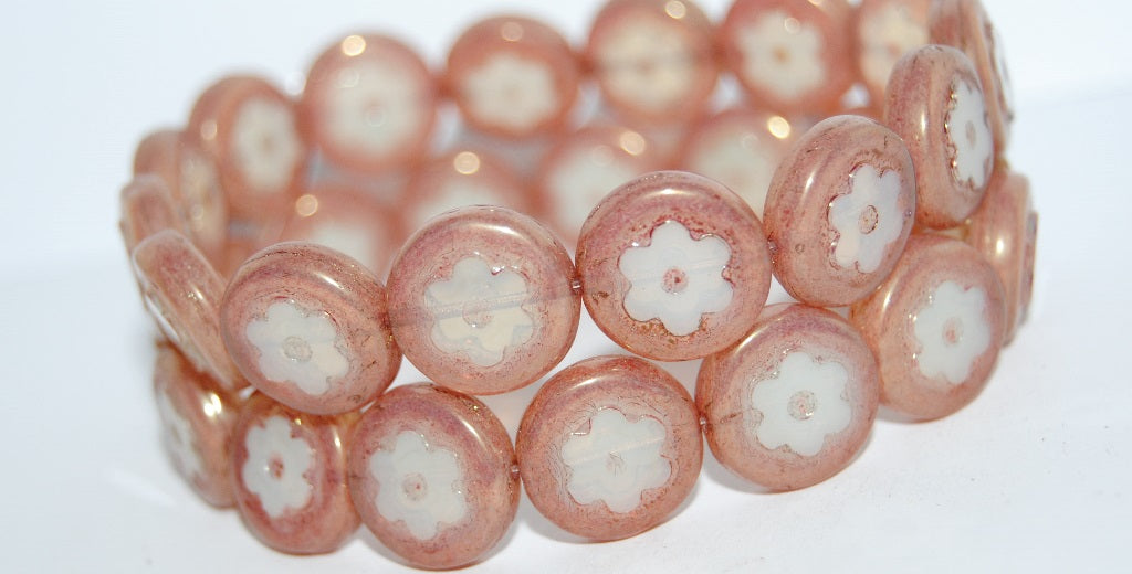 Table Cut Round Beads With Flower, Beige Bronze (84000 14415), Glass, Czech Republic