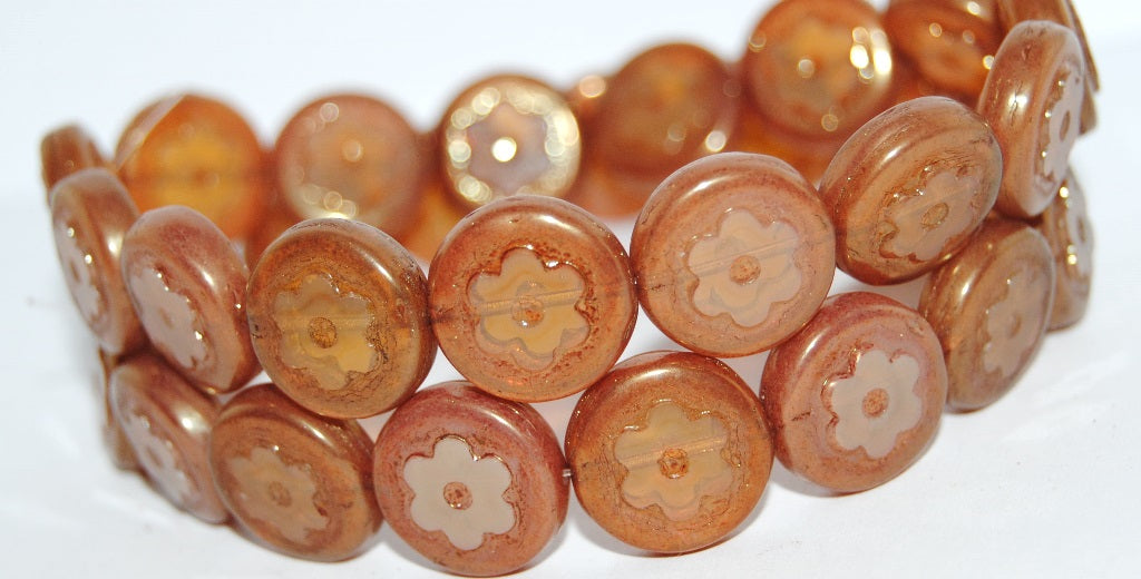Table Cut Round Beads With Flower, Beige Luster Red Full Coated (84000 14495), Glass, Czech Republic
