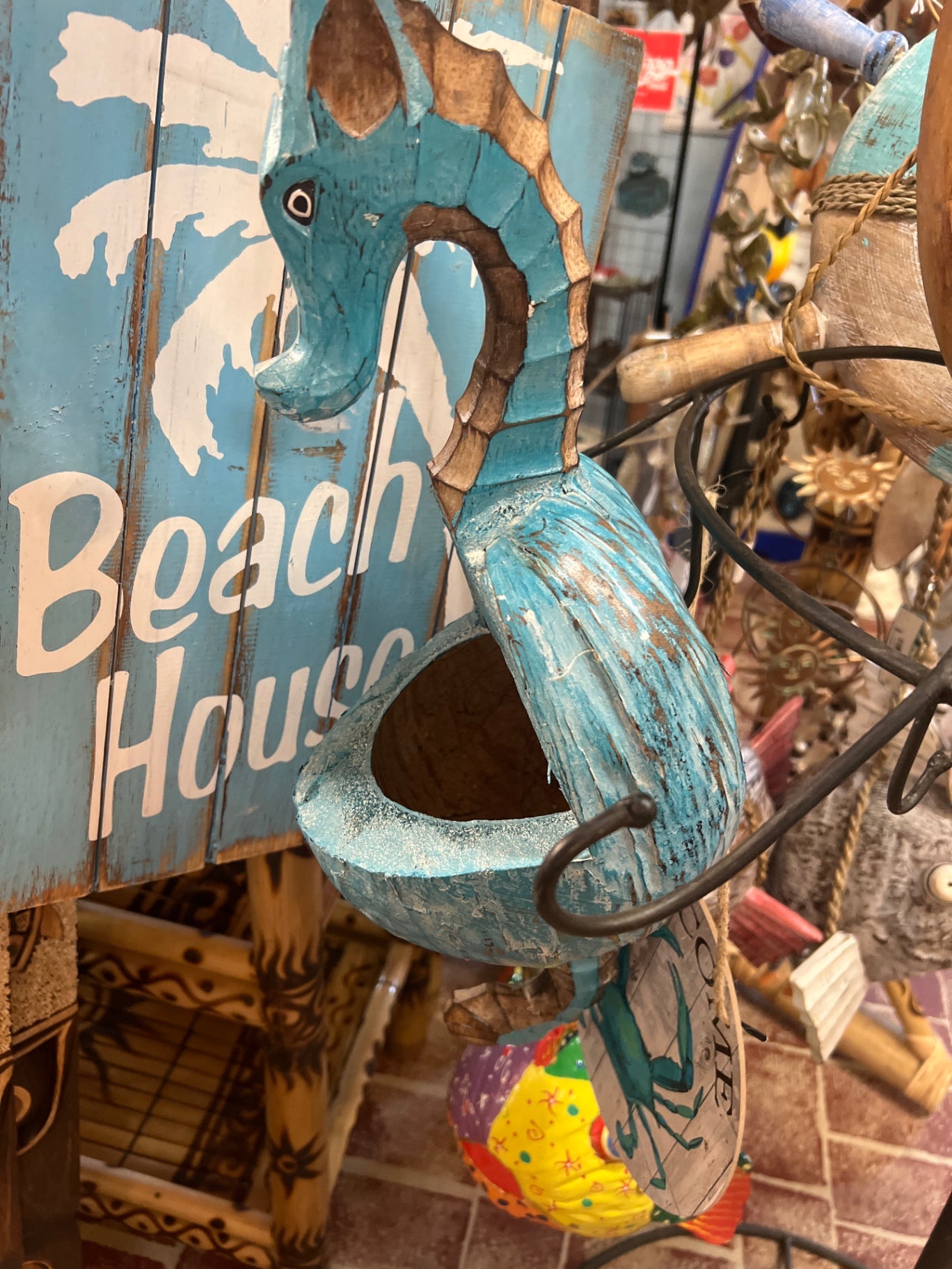 Decorative item Aqua blue with brown accents Wood and possibly some paint or stain